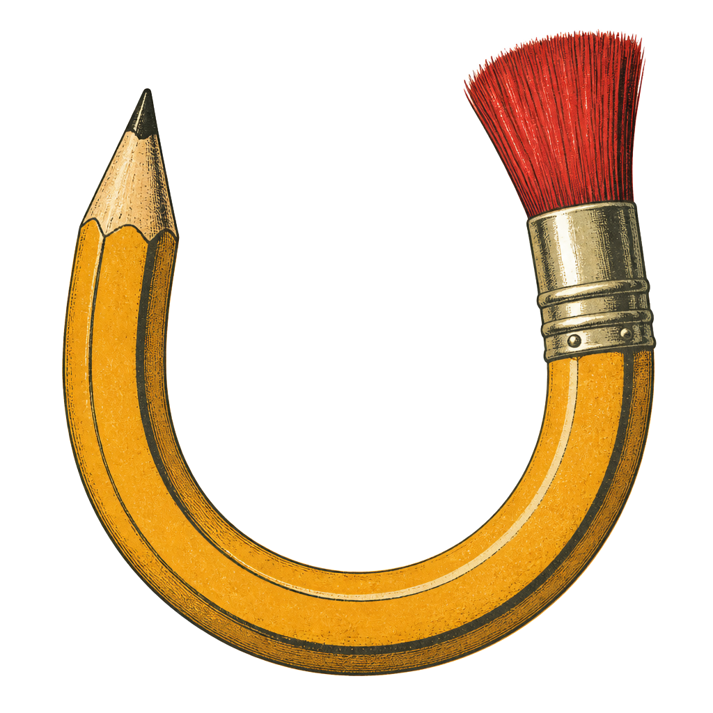Vintage illustration of a horseshoe-shaped pencil morphing into a paintbrush
