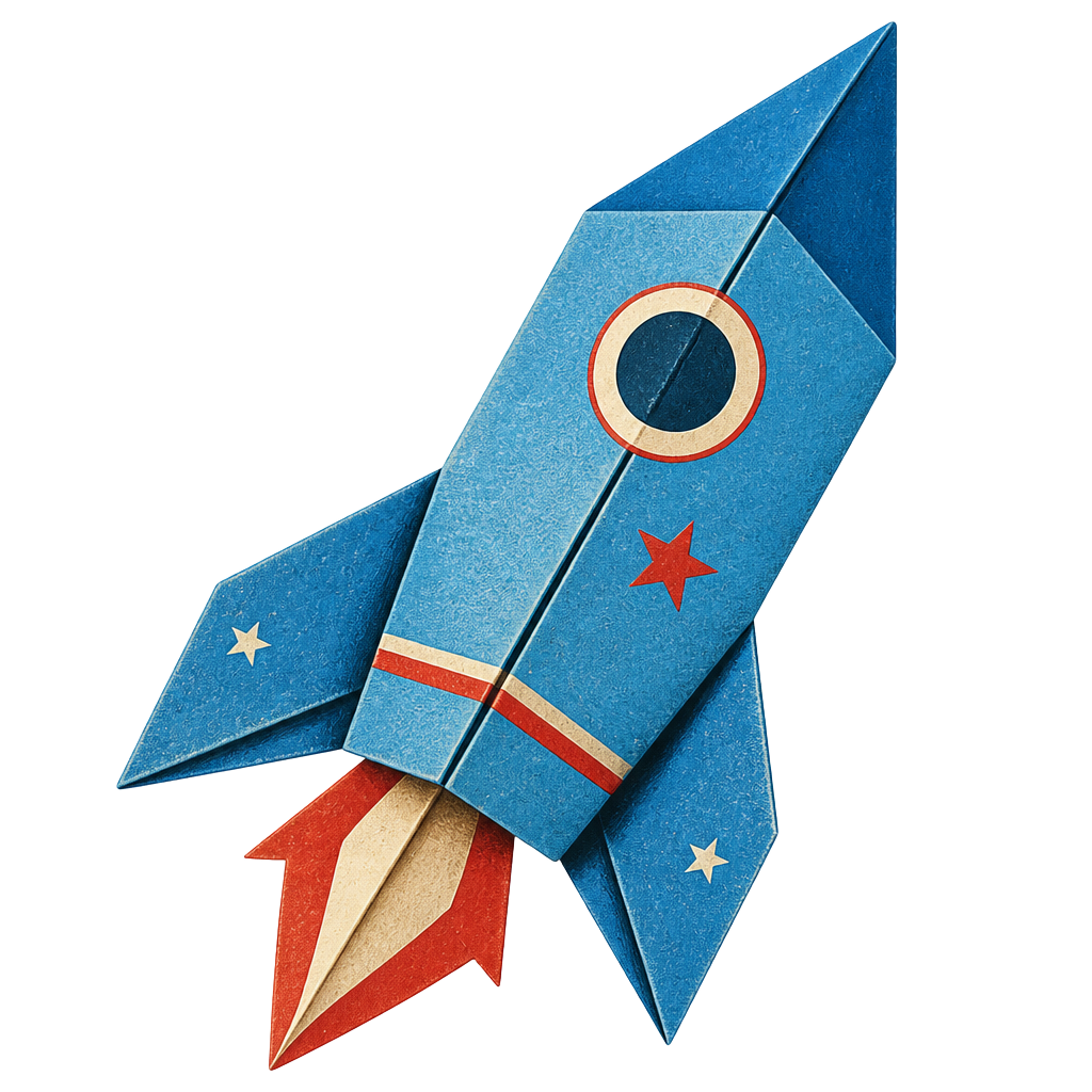 Vintage illustration of a blue origami rocket