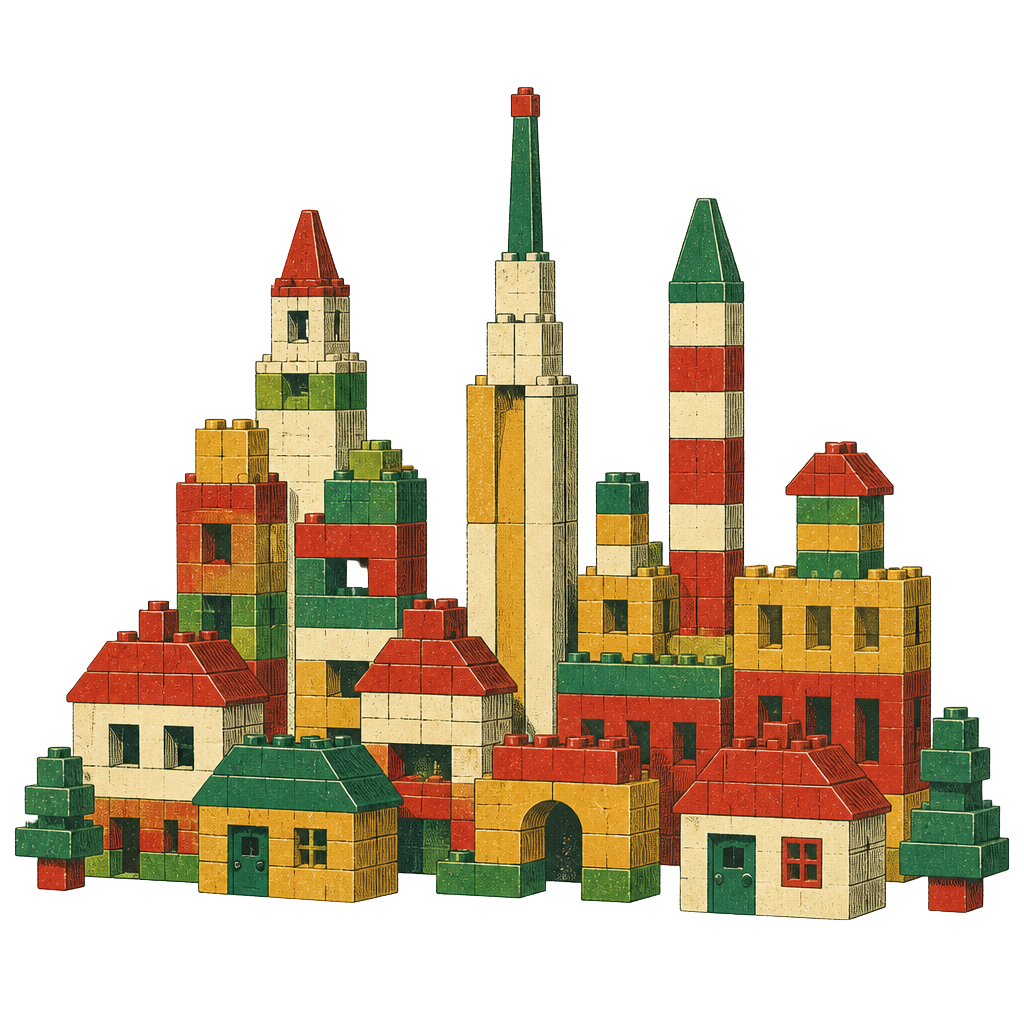 Vintage illustration of lego-style blocks forming a small city